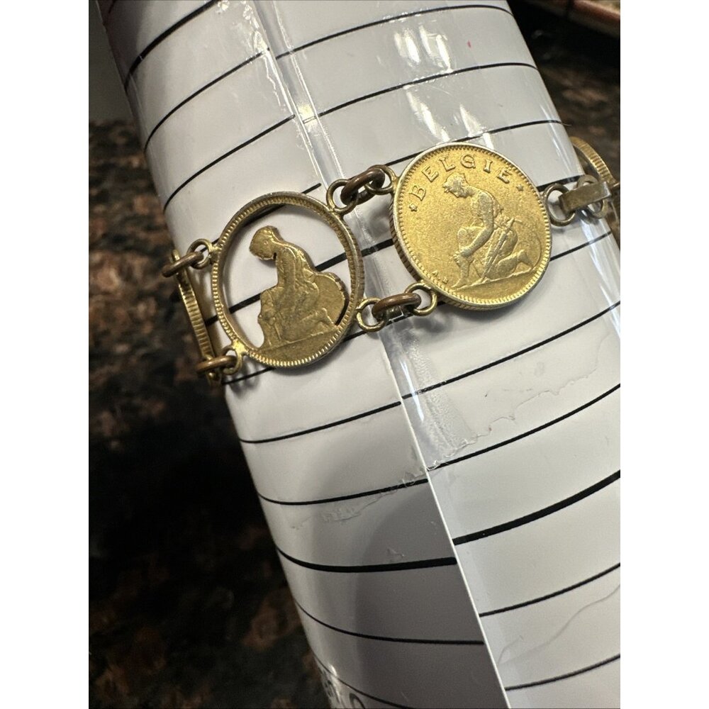 Vintage Coin Bracelet Old Belgium Cut Out Currency 1930 Hook Clasp 7.25 In. - Picture 3 of 6